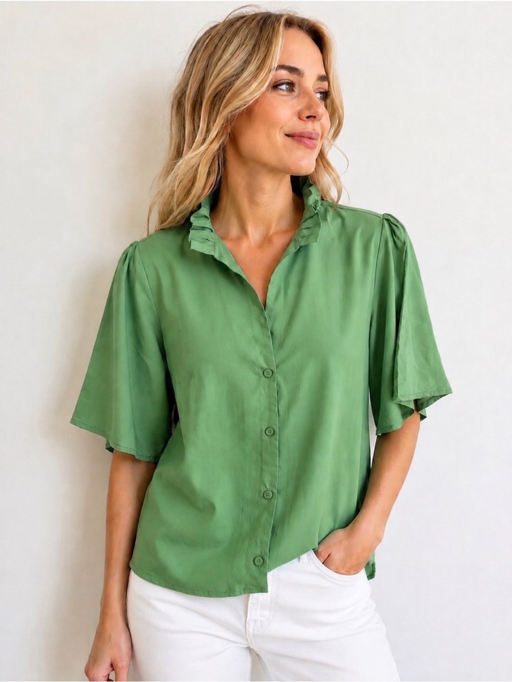s'edge Sage Green Short Sleeve Blouse Size Medium 100% Tencel Sustainable NWT